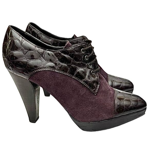 Donald J Pliner Haiden Women’s 7.5 Croc Embossed Plum Suede Oxford Heels Pumps - Picture 5 of 11